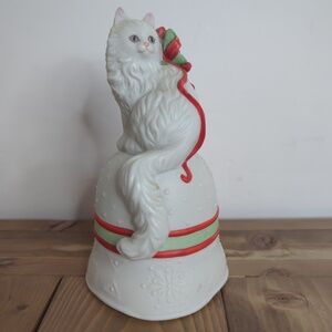 White Cat Red Bow Christmas Bell Enesco Figurine Vintage 1988